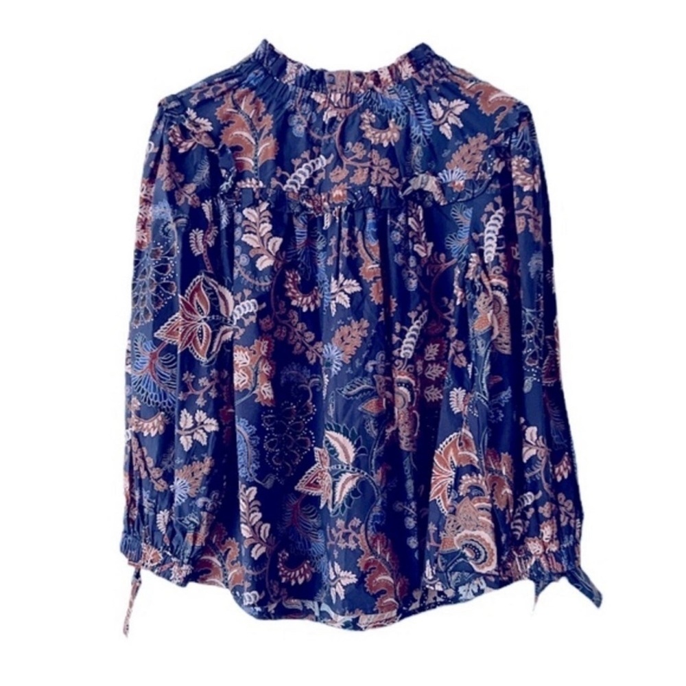 Olivia James Women's NWT Emma Ruffle‎ Cotton Top In Blue Falling Leaves Size M